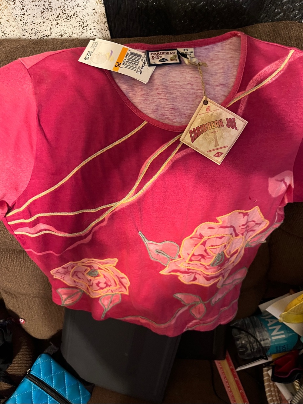 Caribbean Joe Hot Pink Floral Short Sleeve Top with Embroidered Accents